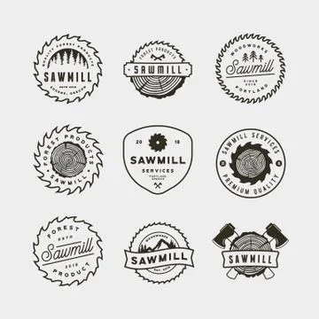 Set of sawmill logos. retro styled woodwork emblems. vector illustration Stock Illustration