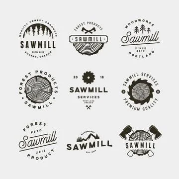 Set of sawmill logos. retro styled woodwork emblems. vector illustration Stock Illustration