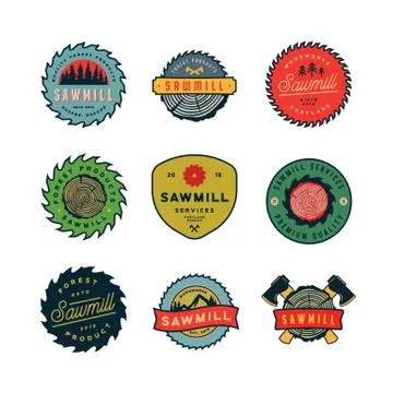 Set of sawmill logos. retro styled woodwork emblems. vector illustration Stock Illustration