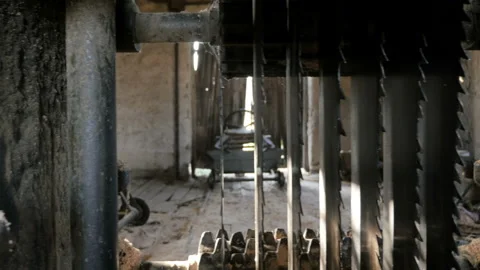 Set of saws in sawmill machine for cutting, making wooden boards. Stock Footage 89927260