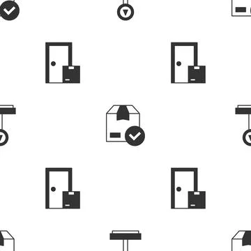 Set Scale, ackage box with check mark and Home delivery services on seamless Stock Illustration