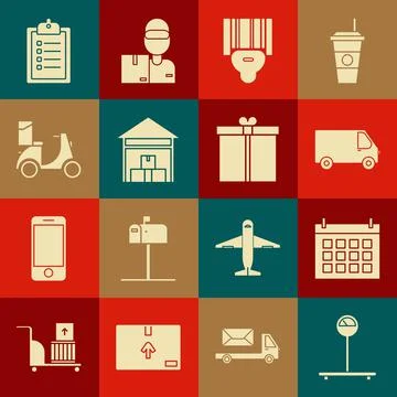 Set Scale, Calendar, Delivery cargo truck vehicle, Scanner scanning bar code Stock-Illustration