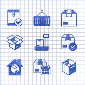 Set Scale with cardboard box, Cardboard calendar, Carton, ackage check mark 스톡 일러스트