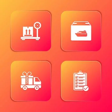 Set Scale with cardboard box, Cargo ship boxes, Delivery truck gift and Illustrazione stock