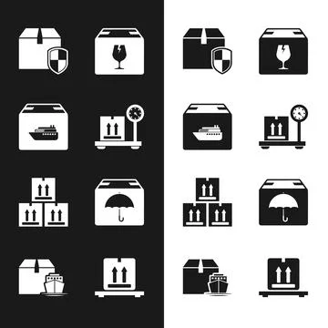 Set Scale with cardboard box, Cargo ship boxes, Delivery security shield Illustrazione stock