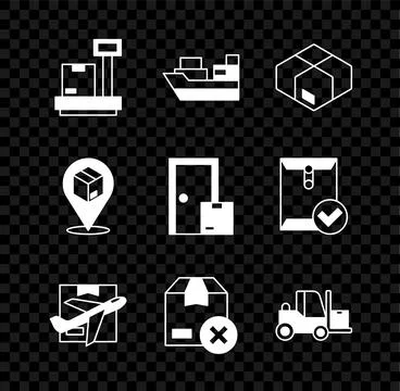 Set Scale with cardboard box Cargo ship boxes delivery Carton Plane and Forkl Stock Illustration
