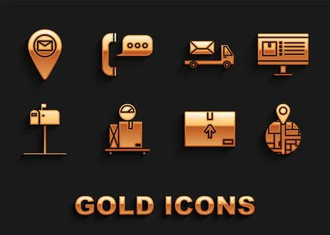 Set Scale with cardboard box, Computer monitor app delivery tracking Illustrazione stock