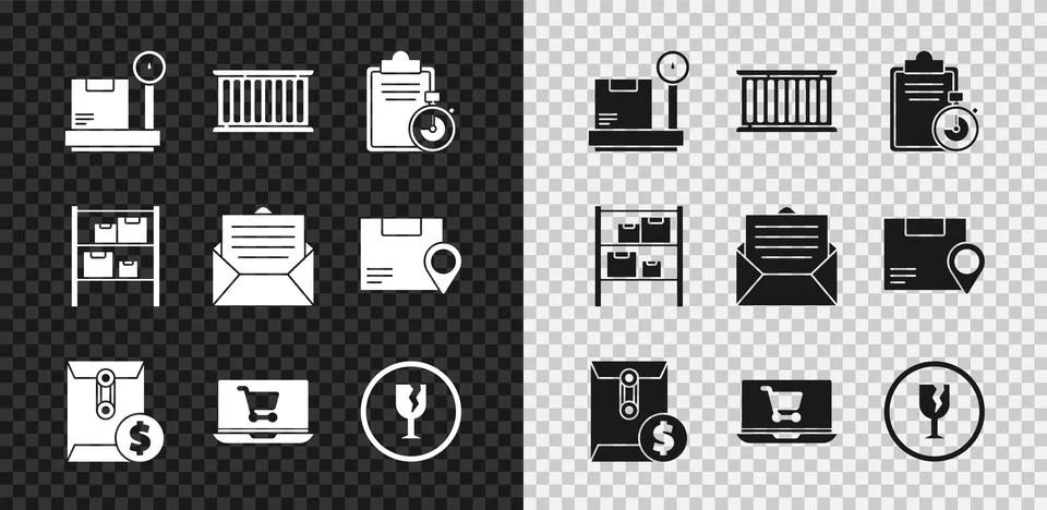 Set Scale with cardboard box, Container, Verification of delivery list clipboard Stock Illustration