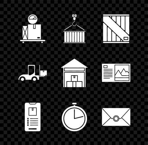 Set Scale with cardboard box, Container on crane, Wooden, Mobile phone app Illustrazione stock