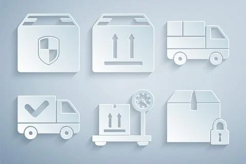 Set Scale with cardboard box, Delivery truck boxes, check mark, Locked package Stock Illustration