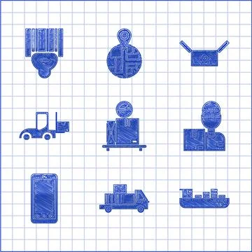 Set Scale with cardboard box, Delivery truck boxes, Cargo ship delivery service 스톡 일러스트