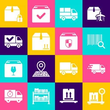 Set Scale with cardboard box, Delivery truck in movement, Search barcode, boxes Stock Illustration