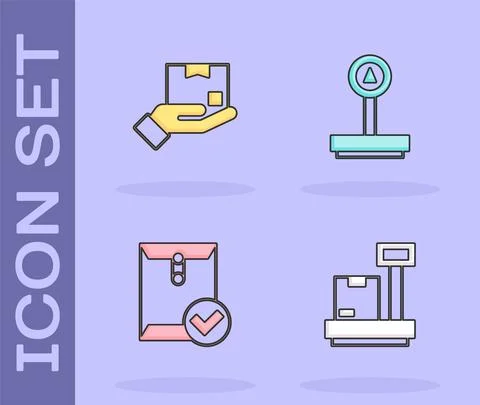 Set Scale with cardboard box, Delivery hand, Envelope check mark and icon Stockillustratie
