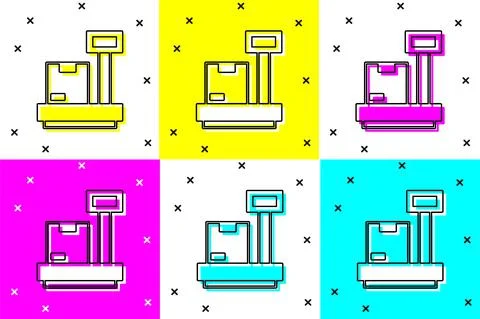 Set Scale with cardboard box icon isolated on color background. Logistic and 스톡 일러스트