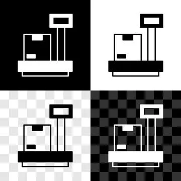 Set Scale with cardboard box icon isolated on black and white, transparent Illustration