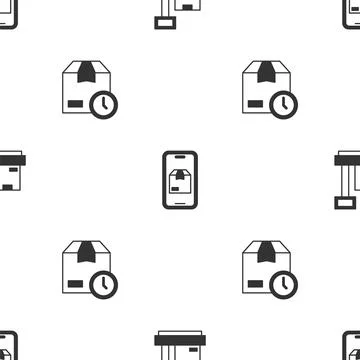 Set Scale with cardboard box, Mobile app delivery tracking and Cardboard clock イラスト素材