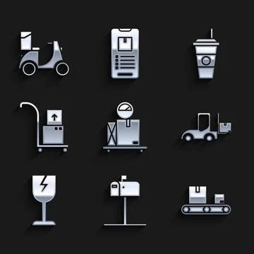Set Scale with cardboard box, Open mail, Conveyor belt, Forklift truck, Fragile Illustration