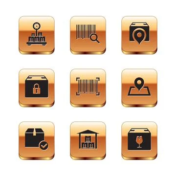 Set Scale with cardboard box, Package check mark, Warehouse, Barcode, Locked Stockillustratie