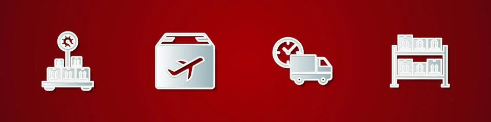 Set Scale with cardboard box, Plane and, Delivery truck clock and Warehouse icon 스톡 일러스트