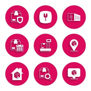 Set Scale with cardboard box, Search package, Location, Home delivery services Stock Illustration