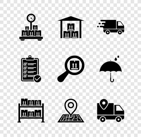 Set Scale with cardboard box, Warehouse, Delivery truck in movement, Placeholder イラスト素材