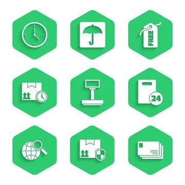 Set Scale, Delivery pack security with shield, Envelope, cardboard boxes Illustrazione stock