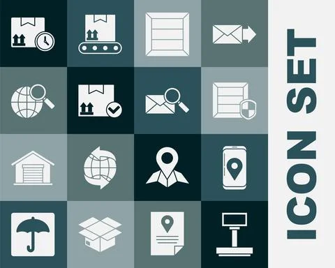 Set Scale, Mobile with app delivery tracking, Delivery pack security shield Illustrazione stock