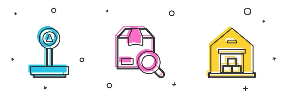 Set Scale, Search package and Warehouse icon. Vector 스톡 일러스트
