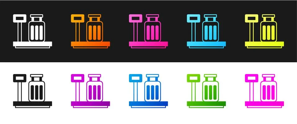 Set Scale with suitcase icon isolated on black and white background. Logistic Illustration