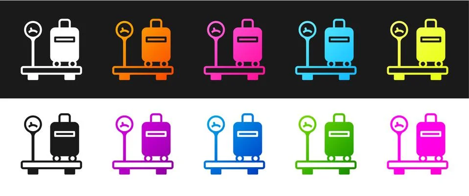 Set Scale with suitcase icon isolated on black and white background. Logistic イラスト素材