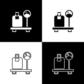 Set Scale with suitcase icon isolated on black and white background. Logistic 스톡 일러스트