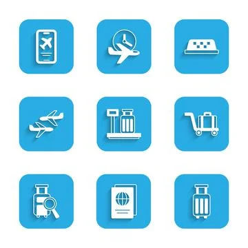 Set Scale with suitcase, Passport, Suitcase, Trolley baggage, Lost, Plane, Taxi Illustration