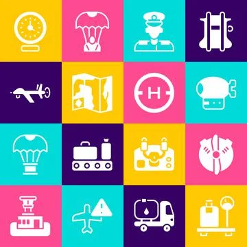 Set Scale with suitcase, Plane propeller, Airship, Pilot, World travel map, UAV Illustrazione stock