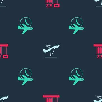 Set Scale with suitcase, Plane takeoff and Flight time on seamless pattern Stock Illustration
