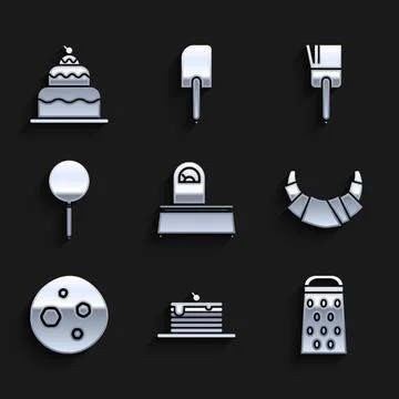 Set Scales, Stack of pancakes, Grater, Croissant, Cookie or biscuit with Stock Illustration