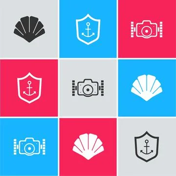 Set Scallop sea shell, Anchor inside shield and Photo camera icon. Vector Illustrazione stock