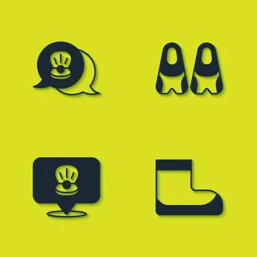 Set Scallop sea shell, Boots, and Flippers for swimming icon. Vector Stock Illustration