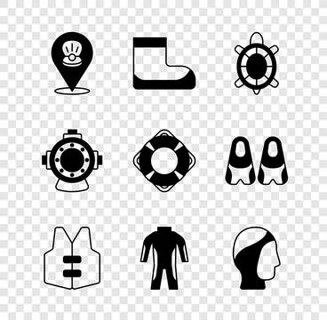 Set Scallop sea shell, Boots, Turtle, Life jacket, Wetsuit for scuba diving 스톡 일러스트