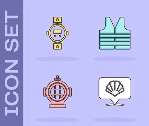 Set Scallop sea shell, Diving watch, Aqualung and Life jacket icon. Vector Stock Illustration