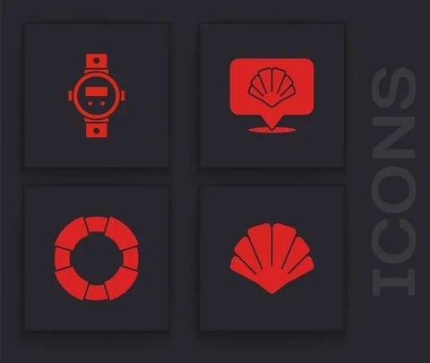 Set Scallop sea shell, Diving watch, and Lifebuoy icon. Vector Stock Illustration