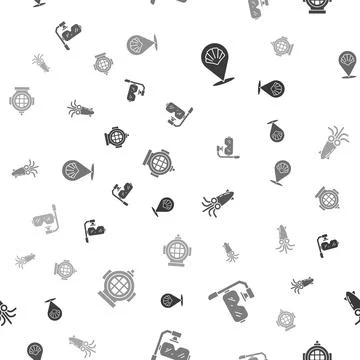 Set Scallop sea shell, Diving mask and snorkel, Octopus and Aqualung on seamless Stock Illustration