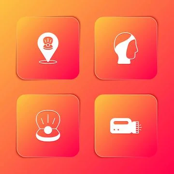 Set Scallop sea shell, Diving hood, Pearl and Flashlight for diver icon. Vector Illustrazione stock