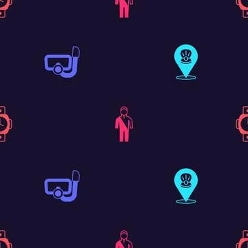 Set Scallop sea shell, Diving mask with snorkel, Wetsuit for scuba diving and Stock Illustration