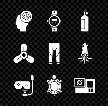 Set Scallop sea shell, Diving watch, Aqualung, mask and snorkel, Turtle, Acti Illustrazione stock