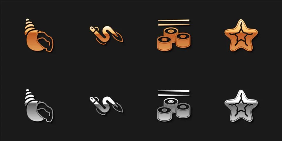 Set Scallop sea shell, Eel fish, Sushi and Starfish icon. Vector Illustrazione stock