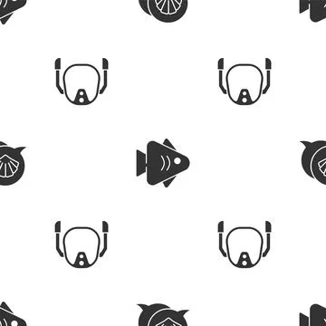 Set Scallop sea shell, Fish and Diving mask on seamless pattern. Vector Stock Illustration