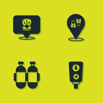 Set Scallop sea shell, Gauge scale, Aqualung and Flippers for swimming icon.. Stock Illustration