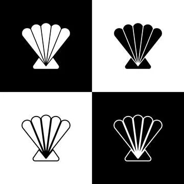 Set Scallop sea shell icon isolated on black and white background. Seashell sign Stock Illustration