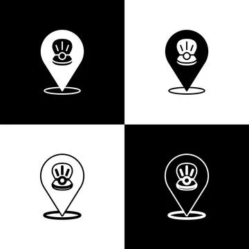 Set Scallop sea shell icon isolated on black and white background. Seashell.. Stock Illustration