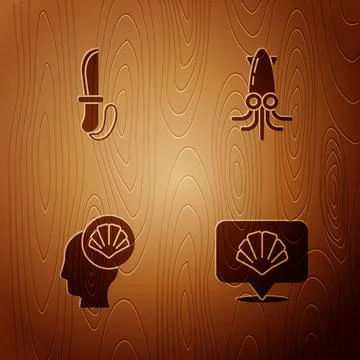 Set Scallop sea shell, Knife, and Octopus on wooden background. Vector Stock Illustration